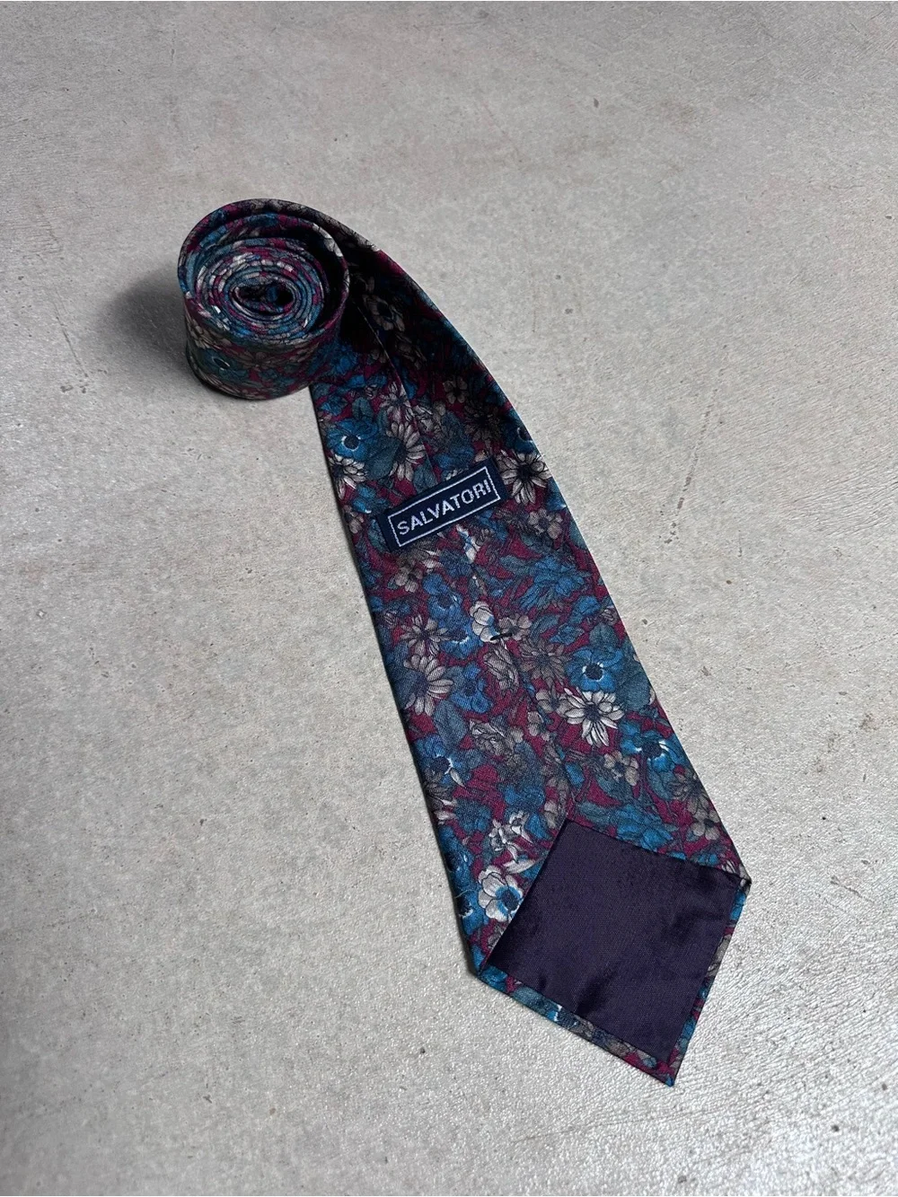 Salvatori 100% Silk Floral Necktie Blue Burgundy Tan Men’s Classic Wide Tie